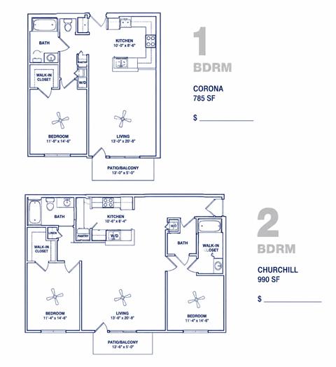 Floor plan for 1 bed, 1 bath, 725 sqft